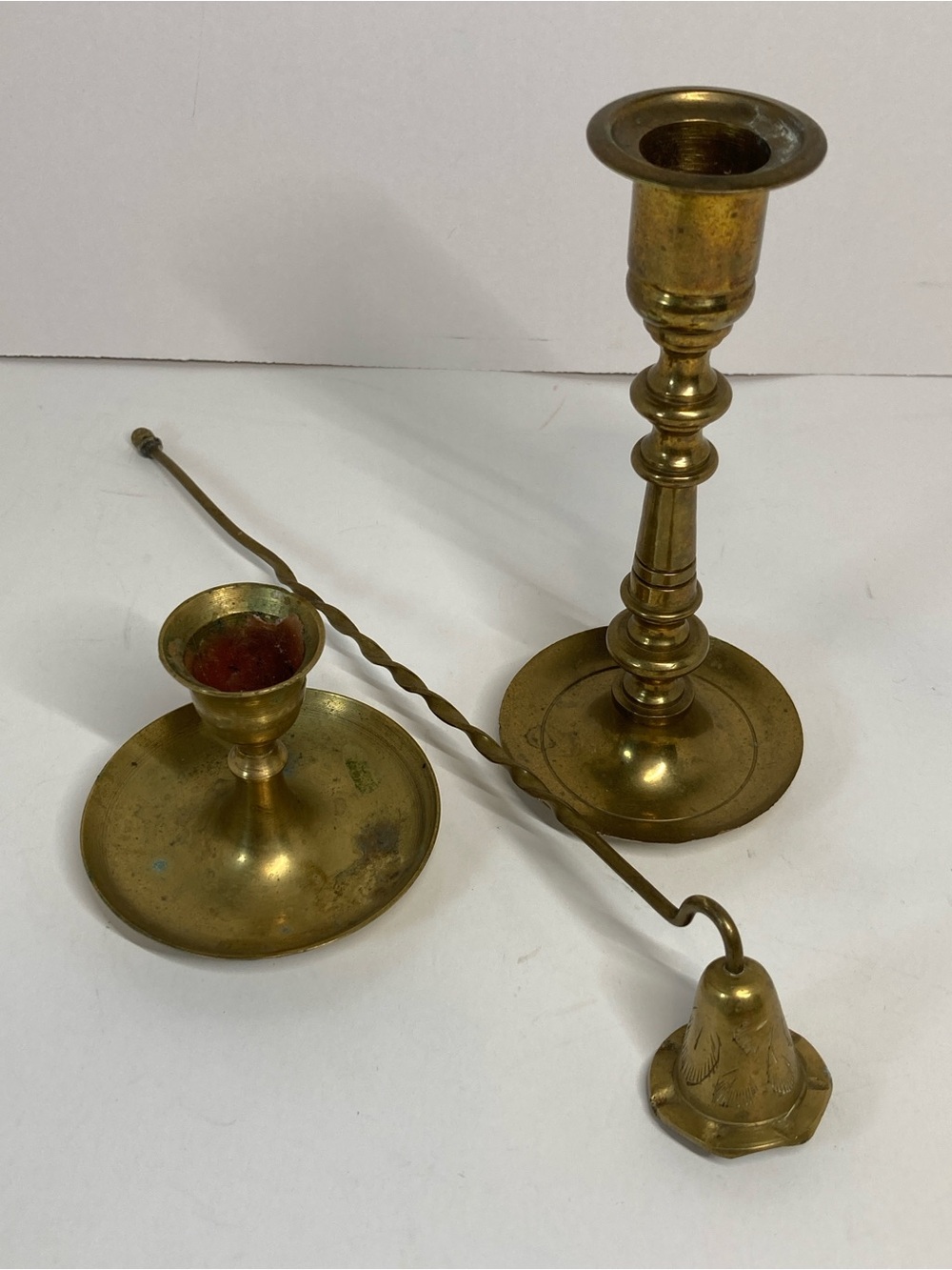 Vintage Brass Candlestick Holder Lot of 2 Round Flare + Candle Snuffer MCM Decor